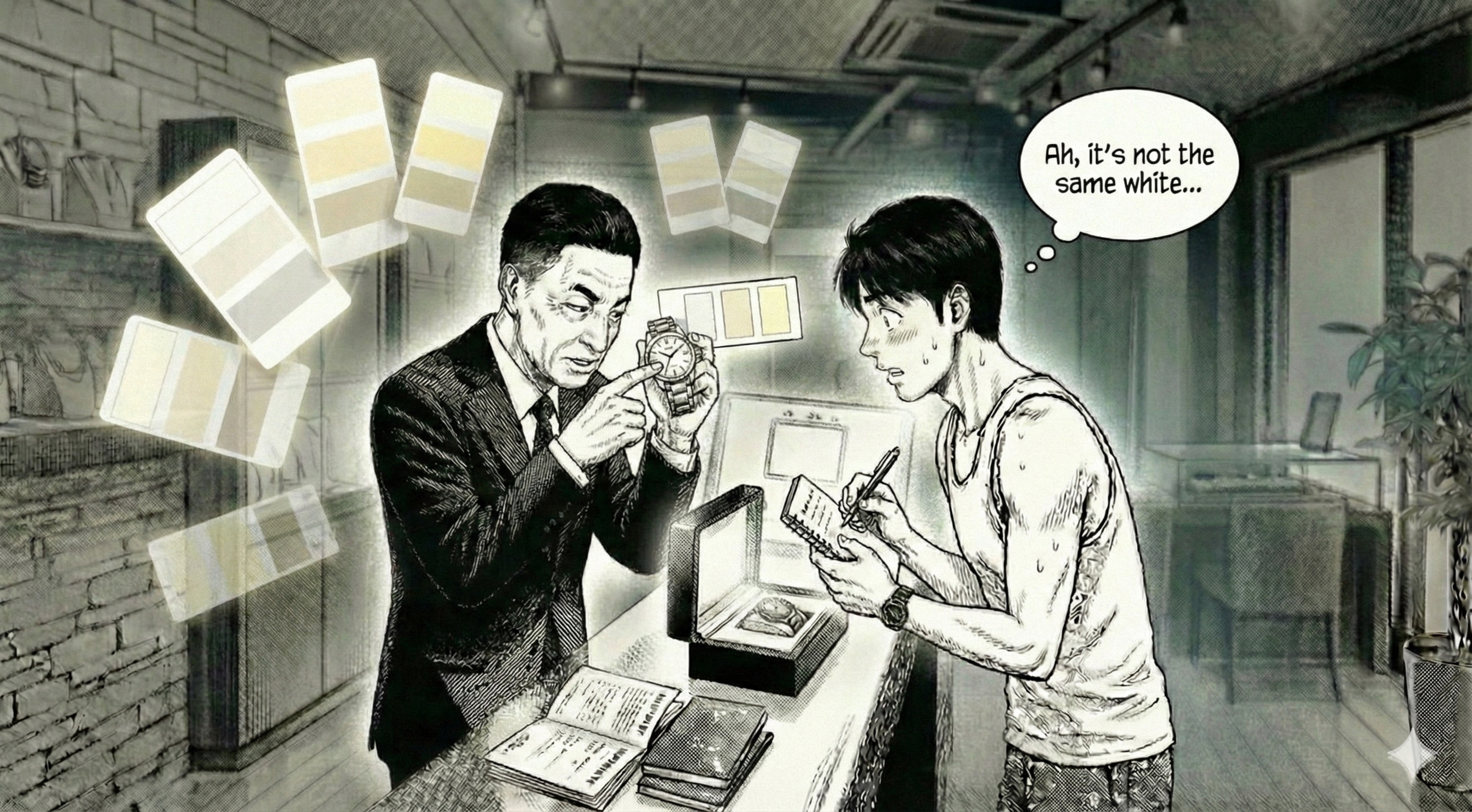 横長16:9。時計の針と夜光の色味を店主が比較。『色見本（カラーチップ）』風の抽象カードが背景にふわっと浮かぶ（文字なし）。賢治は『同じ白じゃないんだ…』の表情。