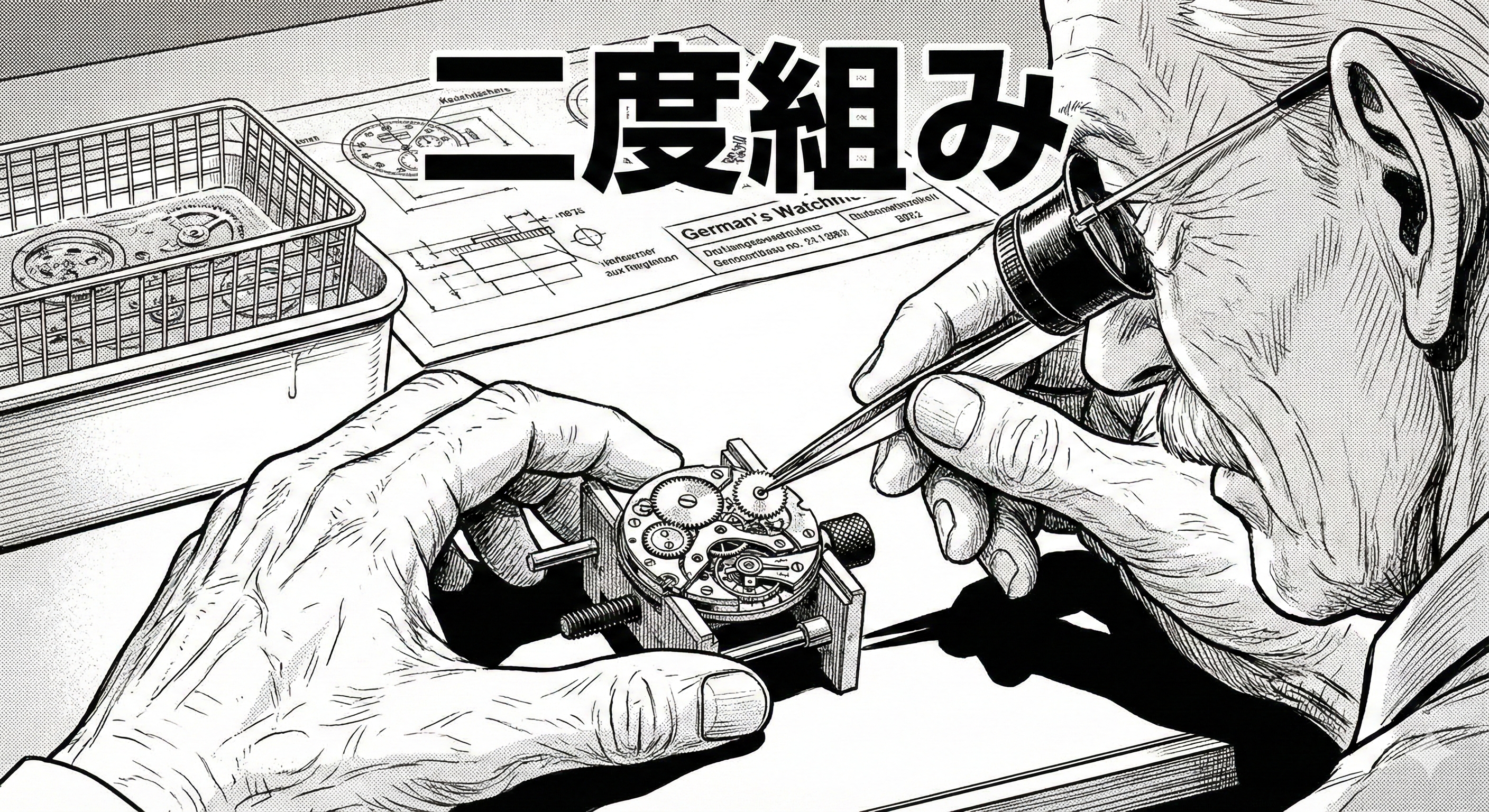 職人が精密に作業する様子。背景に分解された部品。