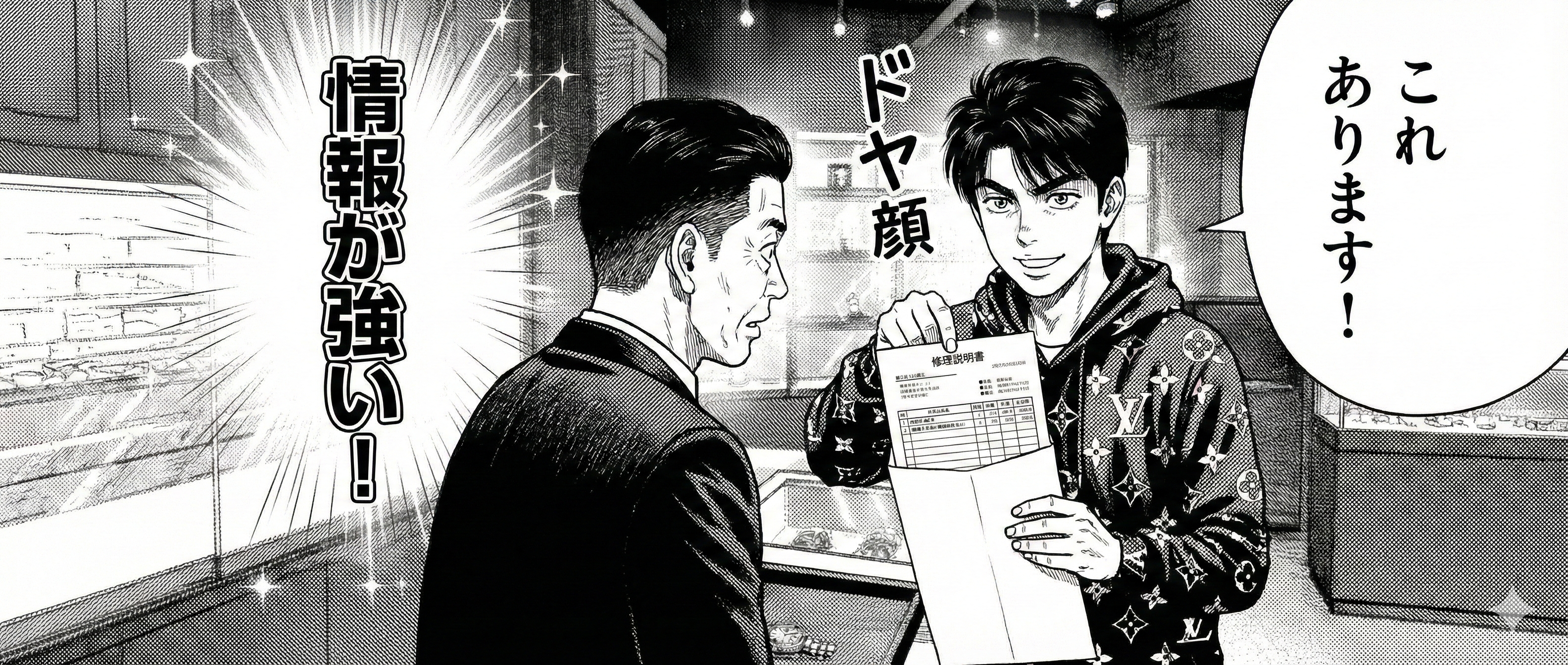 賢治が封筒から修理明細を取り出して「これあります！」とドヤ顔。店主の背後にキラキラ演出と「情報が強い！」の文字。