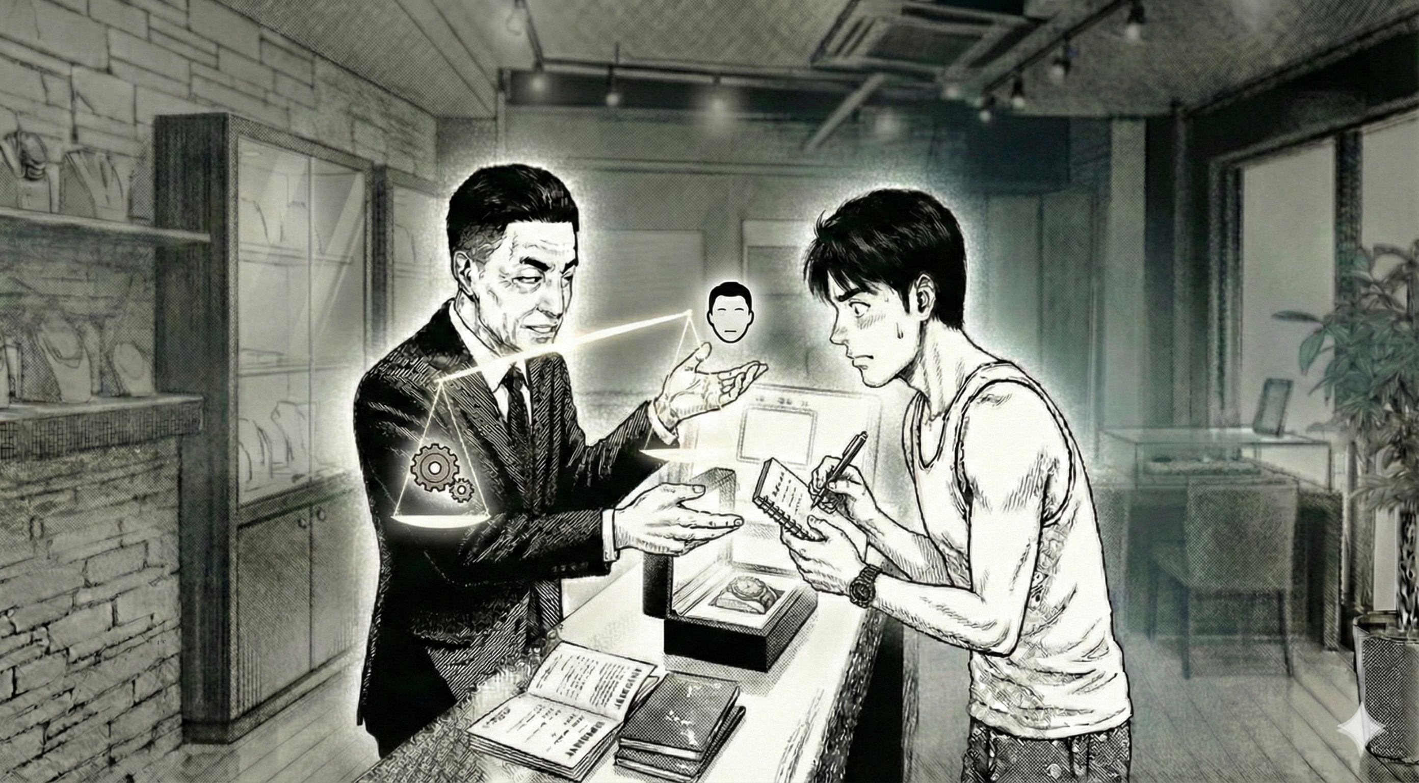 横長16:9。店主が『中身（ムーブ）』と『見た目（文字盤・針・ベゼル）』を天秤で比較して説明。片側に小さな歯車アイコン、もう片側に顔アイコンのシルエット（文字なし）。賢治はメモを取りつつ困惑顔。
