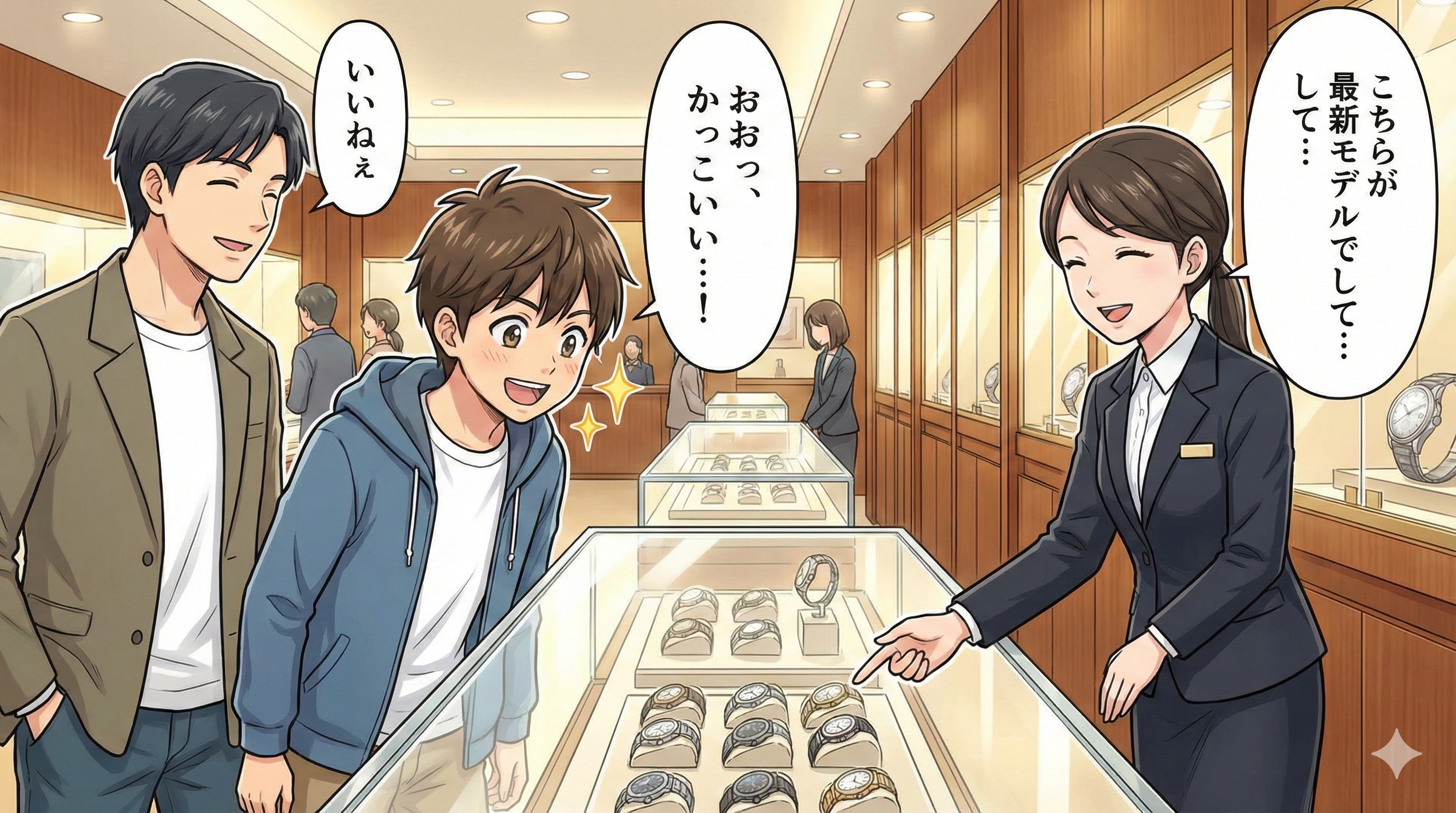 ショーケース前でユウ・センパイ・スタッフが時計を見ている