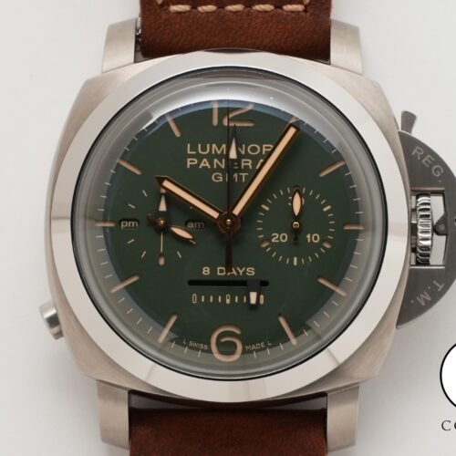 パネライ ルミノール 1950 クロノグラフ モノプルサンテ 8DAYS GMT チタニオ Ref.PAM00737 グリーン文字盤 美中古 f4bgg9i4 商品画像1