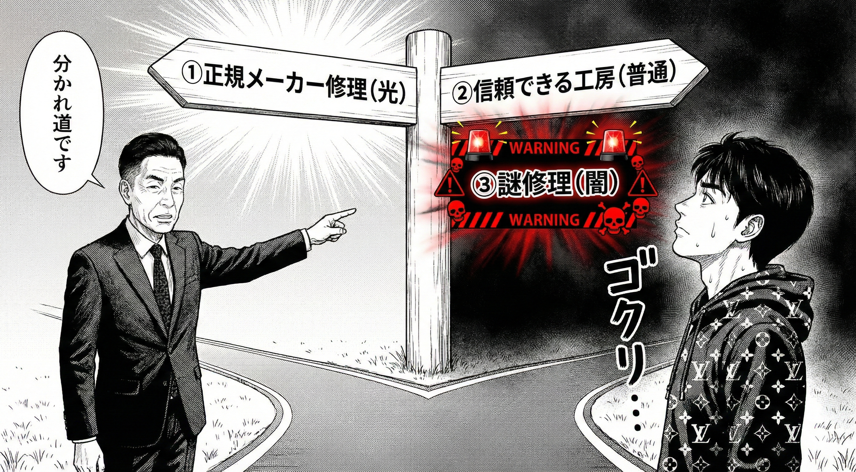 三叉路のギャグ図解。「①正規メーカー修理（光）」「②信頼できる工房（普通）」「③謎修理（闇）」の看板。店主が「分かれ道です」と真顔で指差し。賢治はゴクリ。背景は少し暗転し、③だけ赤い警告演出。