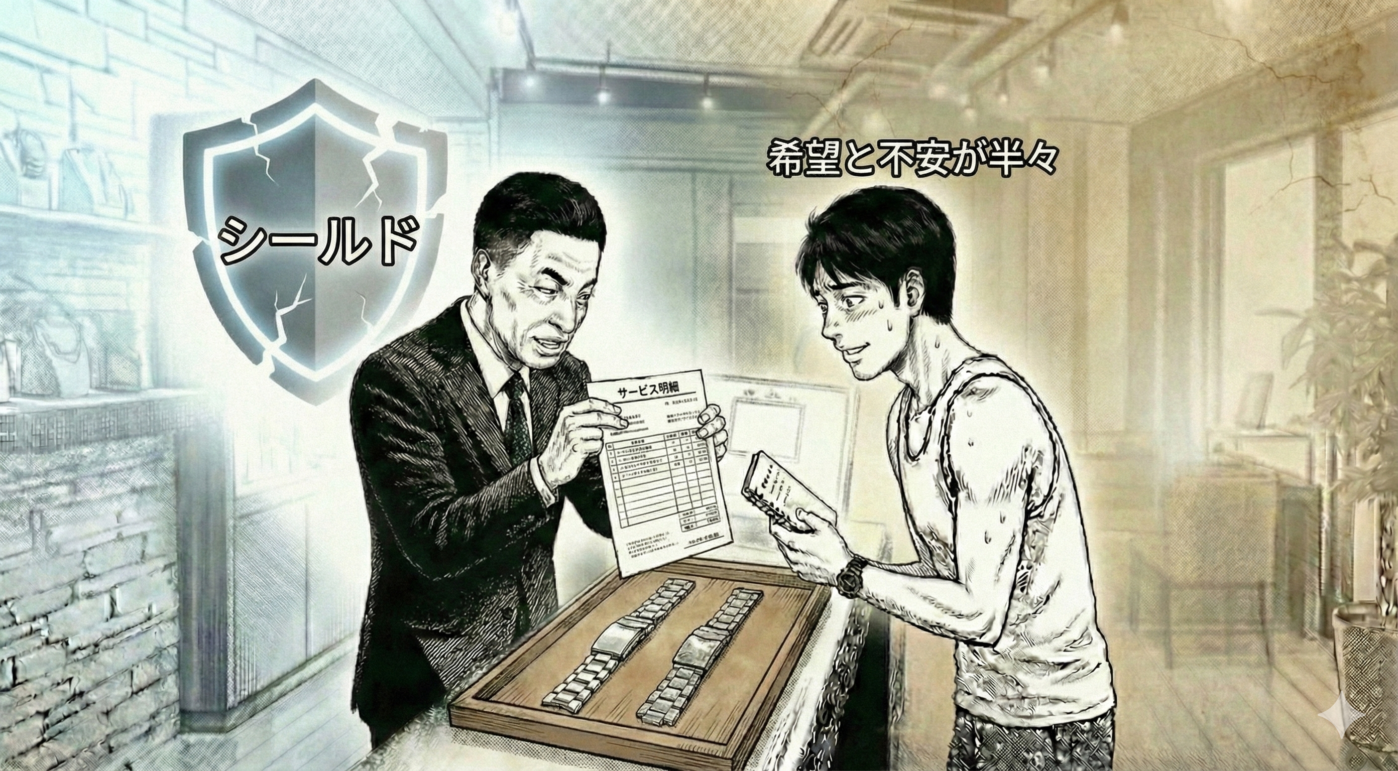 横長16:9。店主がサービス明細（紙）を掲げ、背後に『盾（シールド）』の抽象アイコン。完全防御ではなく、少し欠けた盾の表現で『万能ではない』ニュアンス（文字なし）。賢治は希望と不安が半々の顔。