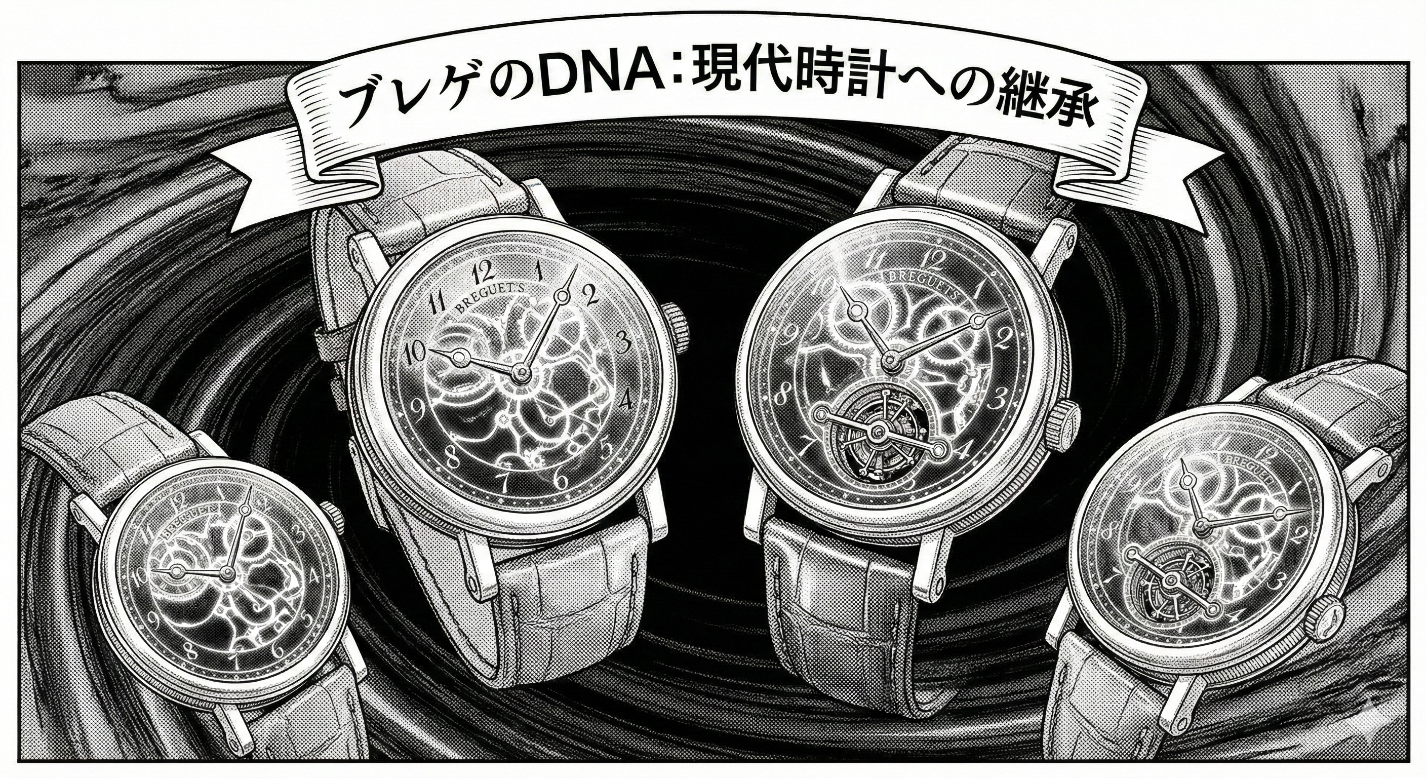 第20コマ：現代時計の中にブレゲのモチーフが透けて見える