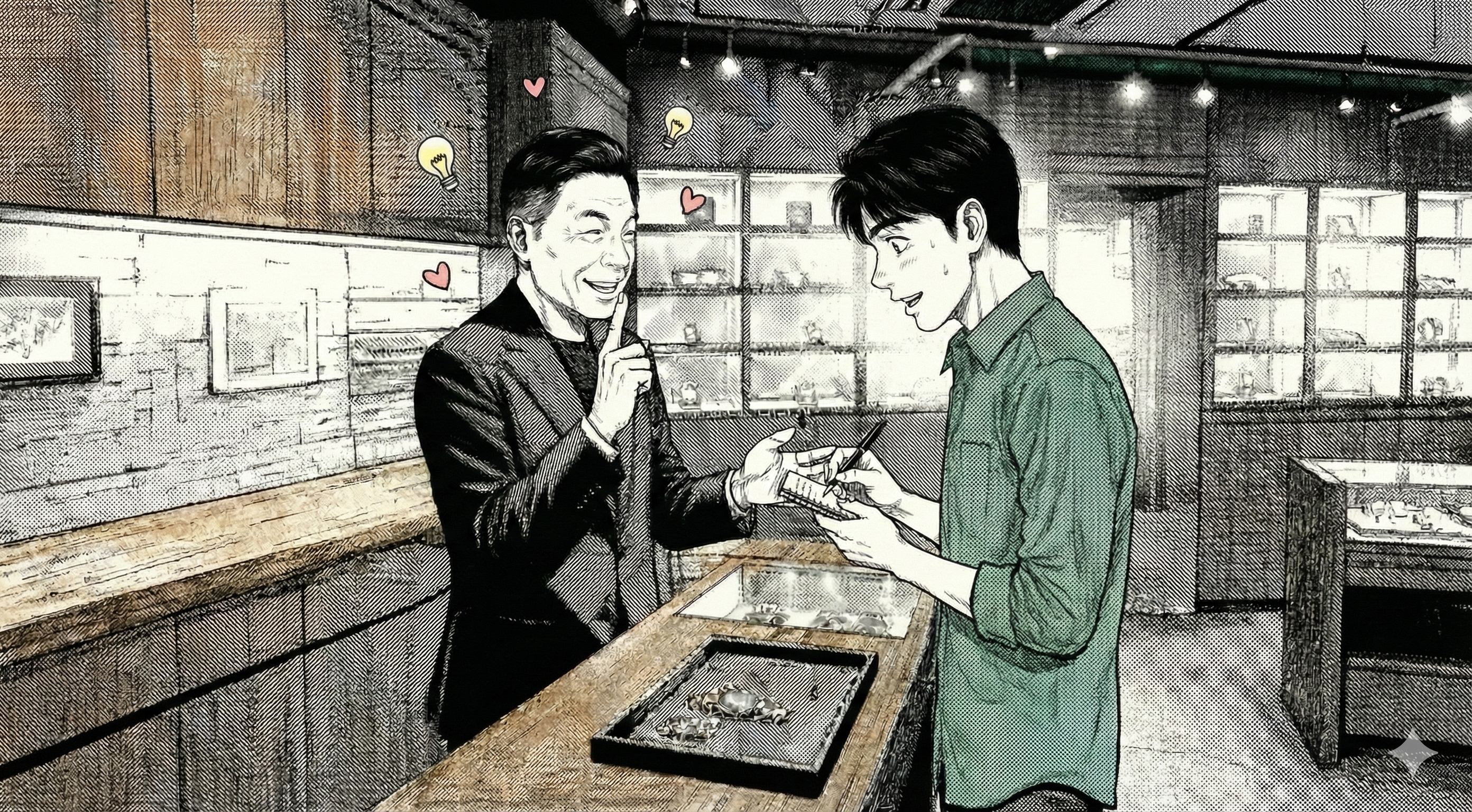 漫画1コマ。店主が少し冗談っぽく指を立てる。空気が和らぐ。