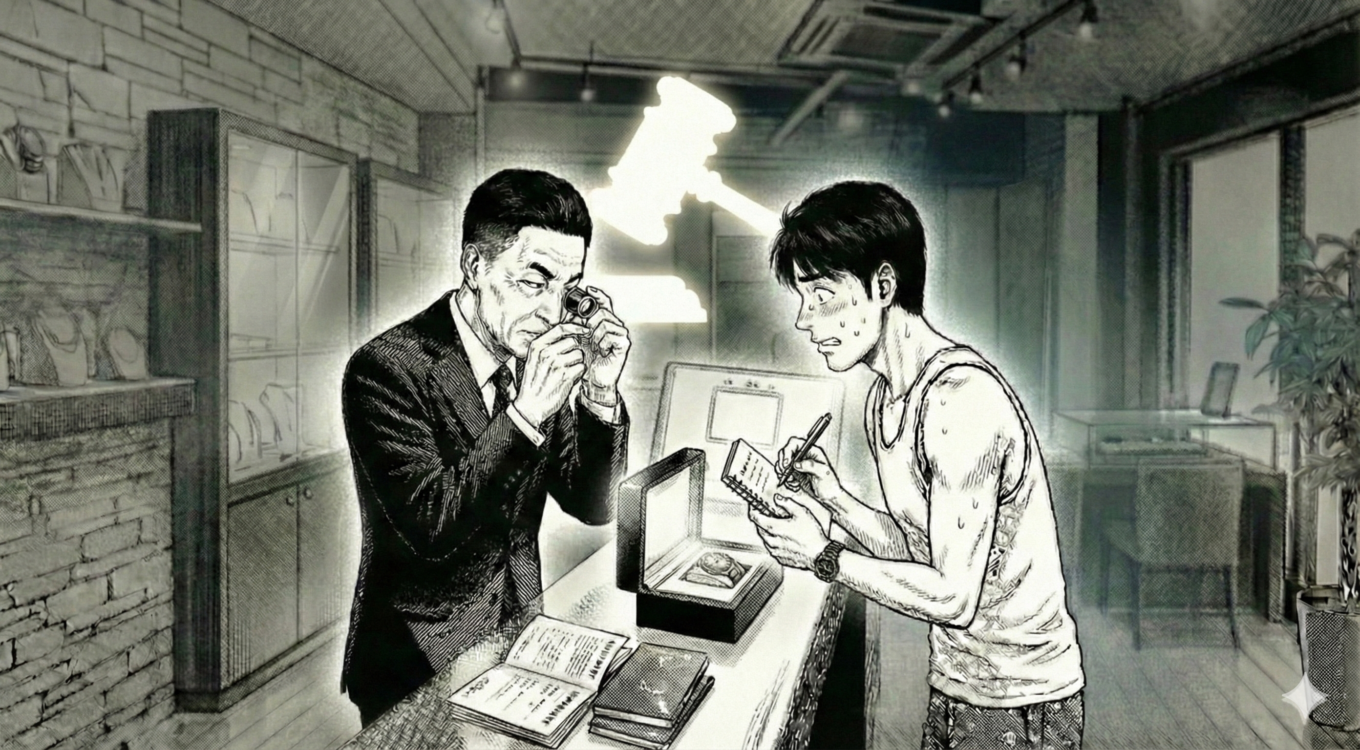 横長16:9。店主がルーペで文字盤を見ながら、背後に『裁判所のハンマー（ガベル）』を連想させる抽象シルエット演出（文字なし）。賢治はドキドキ。時計の文字の描き込みは控えめ、ロゴや文字は入れない。