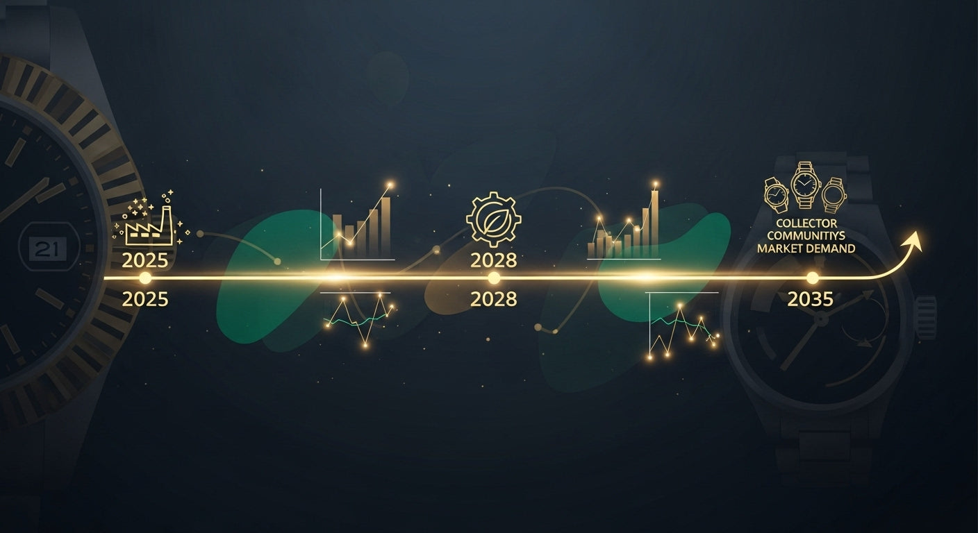 2025年から2035年までの高級時計市場の未来をイメージしたタイムライン図