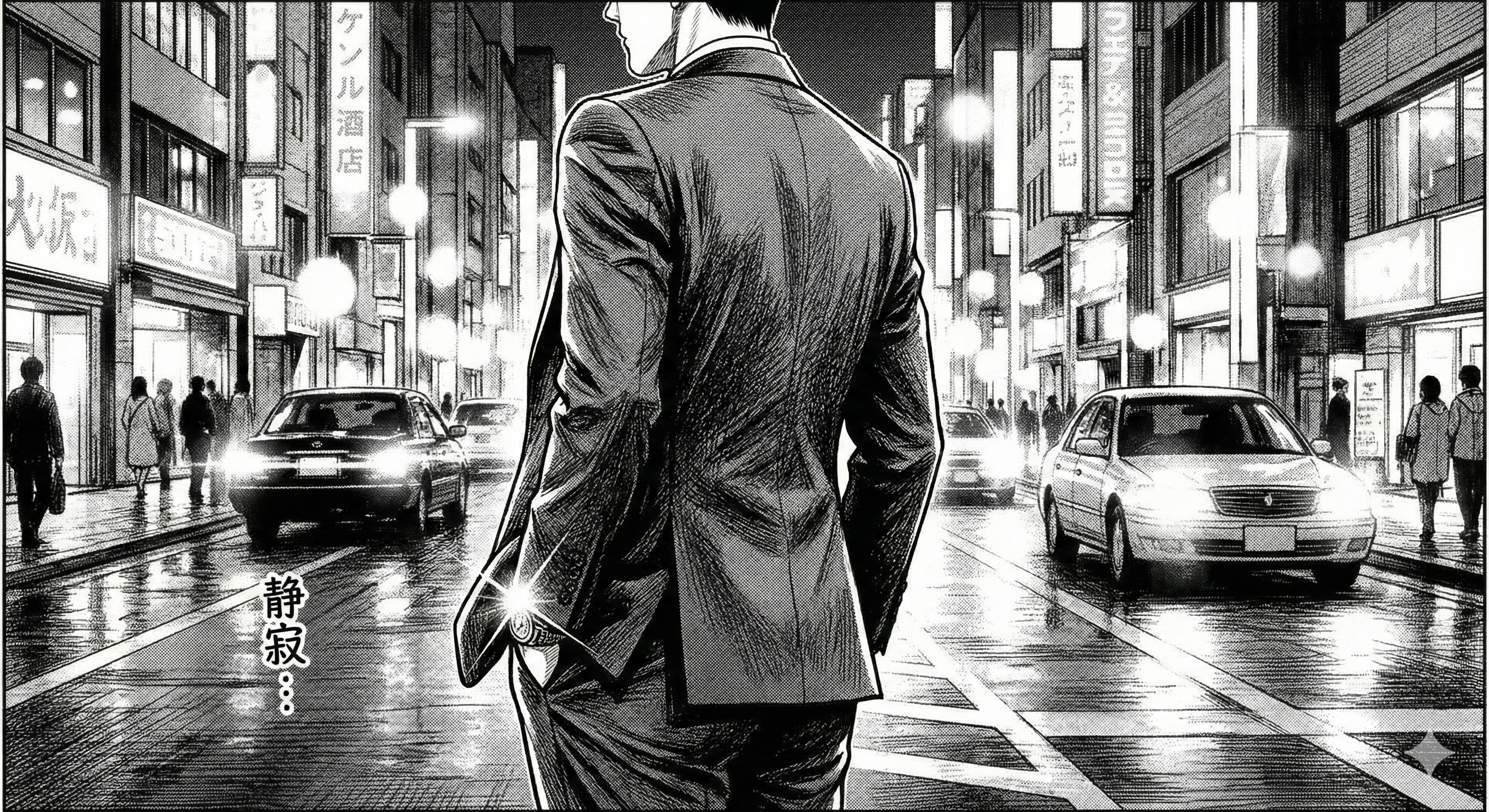 夜の銀座を去る賢治の後ろ姿。袖口にランゲ。