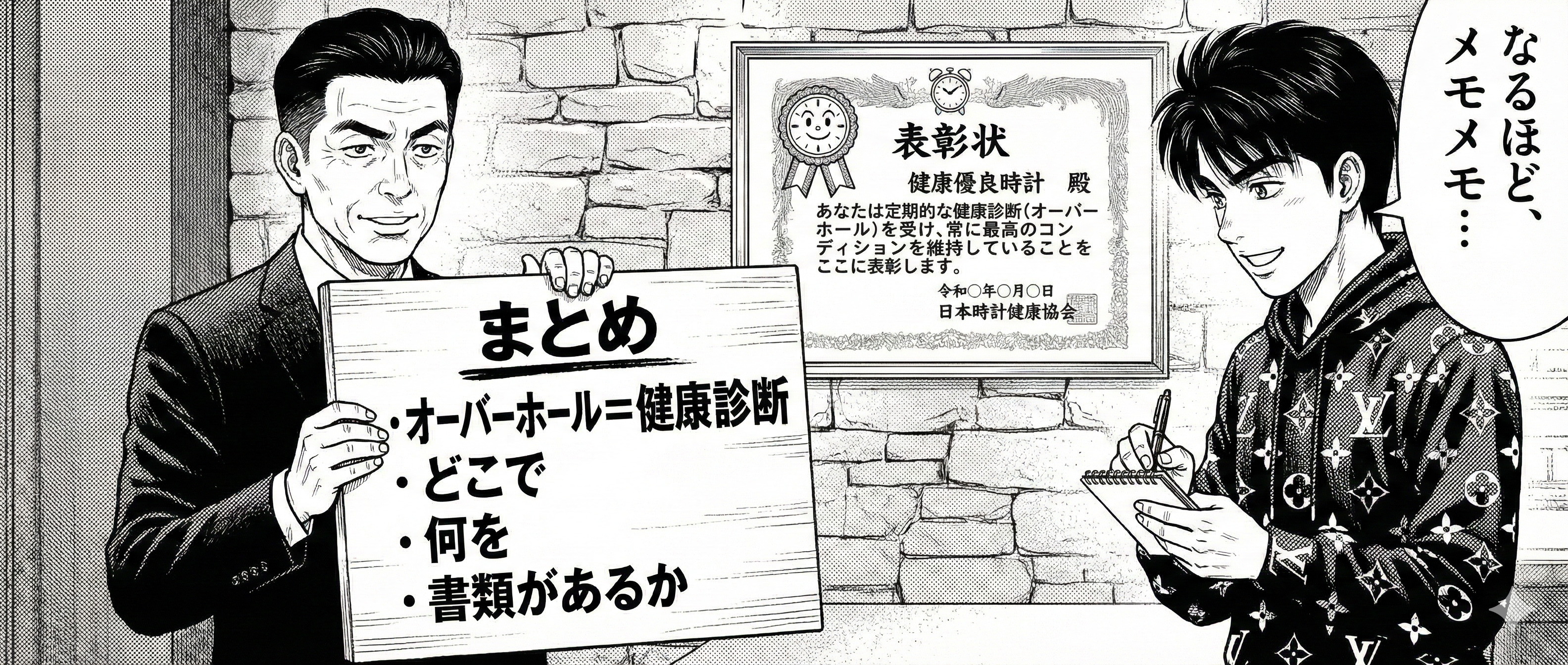 店主がまとめの札を掲げる。「オーバーホール＝健康診断」「どこで」「何を」「書類があるか」。賢治はメモを取りつつ満足げ。背景に“健康優良時計”の表彰状ギャグ。