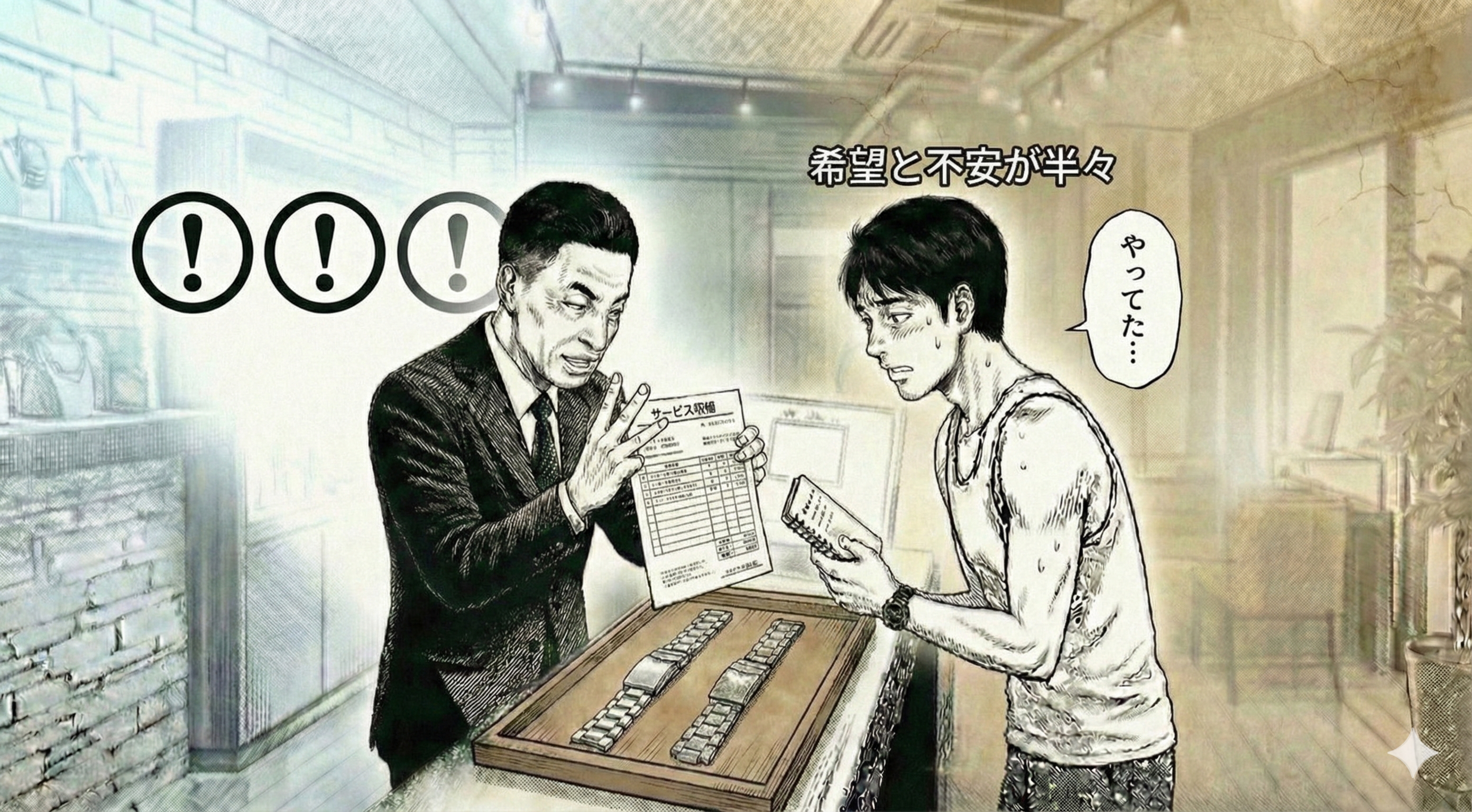 横長16:9。店主が『NG3つ』を指で数えるジェスチャー。背景に『地雷マーク』ではなく、上品な注意アイコン（丸に！のシルエット）を3つ並べる。賢治は『やってた…』と汗。文字なし。