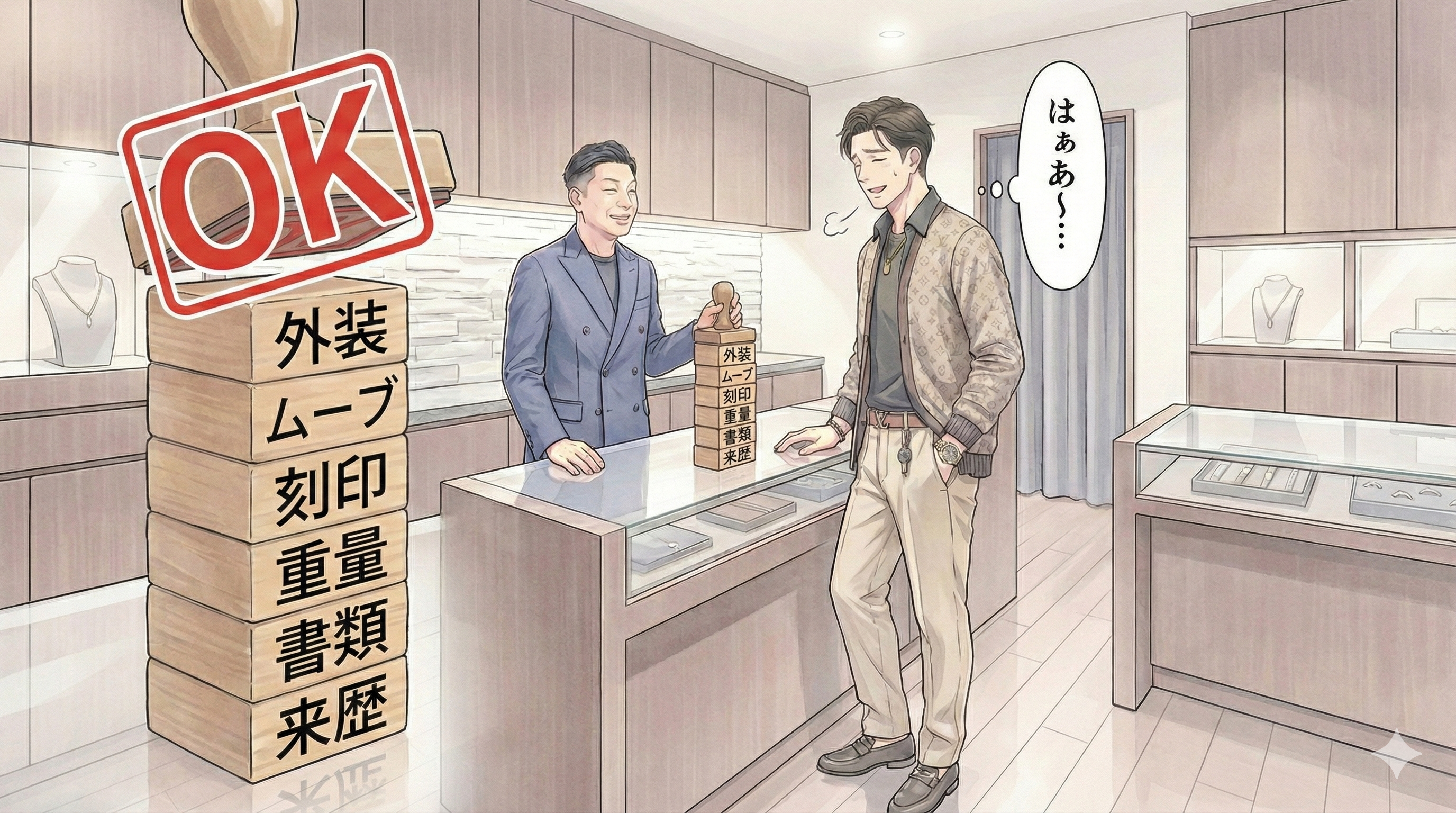 横長16:9。積み木がきれいに積み上がり、最後に『OK』の抽象スタンプが押される。賢治は安堵、店主は少しだけ笑う。文字なし。